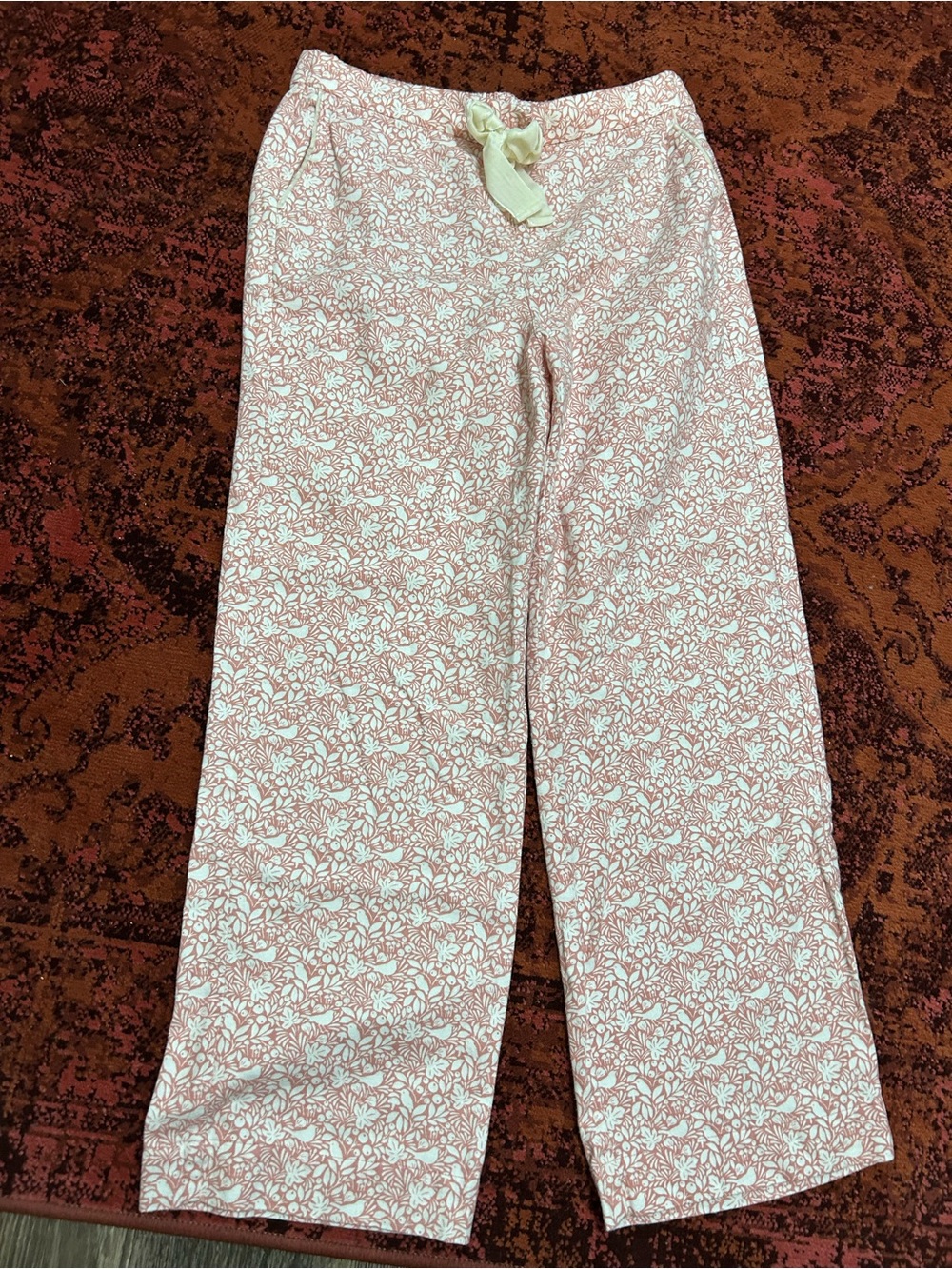 Boden Women's Pink Floral Cotton Pajama Pants Size 10 Lounge Velvet Drawstring